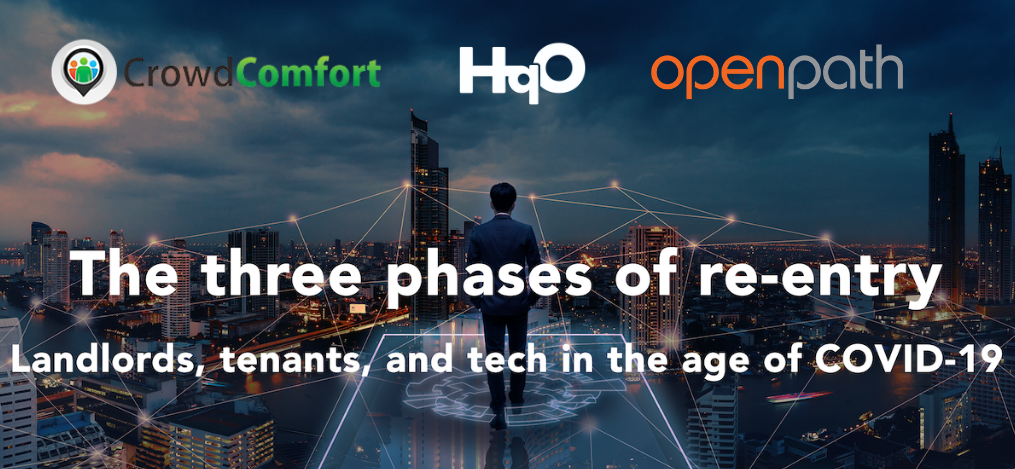 back to work, workplace re-entry webinar graphic for CREtech CrowdComfort HqO Openpath