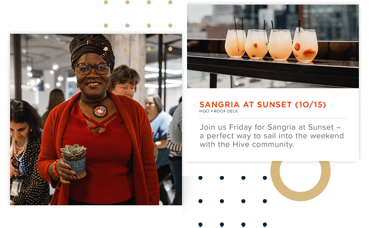 Women holds succulent, image of drinks on rooftop, invitation to employee sangria event