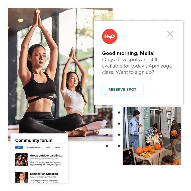 People do yoga, employee forum chat, in-app message about yoga class, employees carrying pumpkins