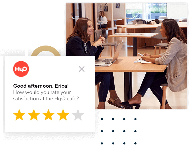 Module asking employee to rate cafe, two employees chatting at a table