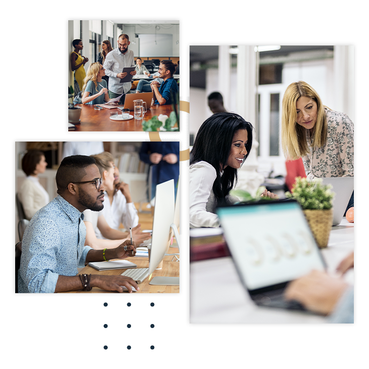 Collage of various employees at work: talking to each other, working on laptops