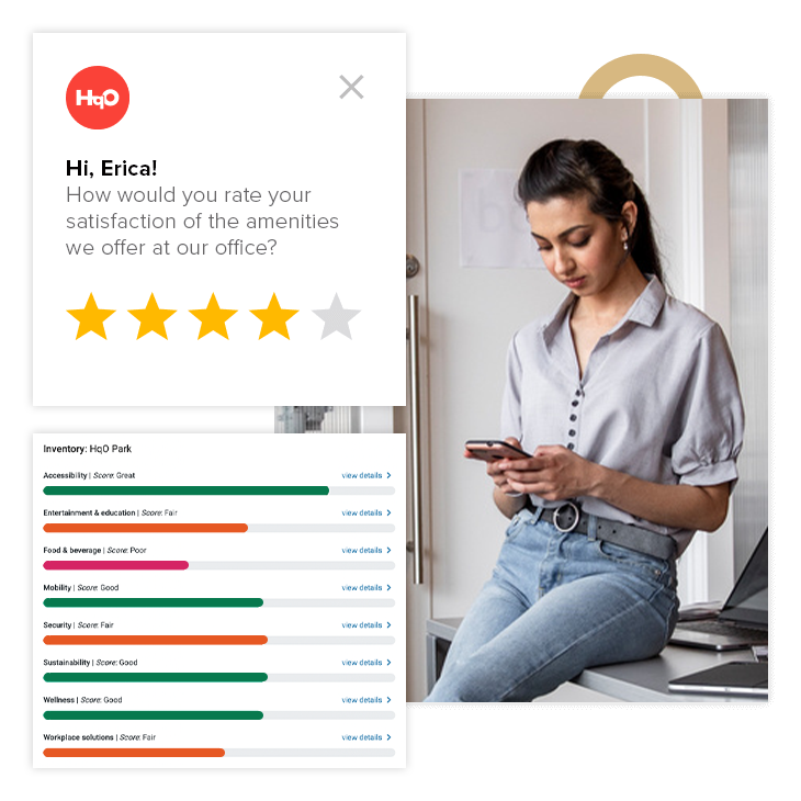 Female employee looks at phone, in-app satisfaction survey with star rating, bar graph of amenities inventory