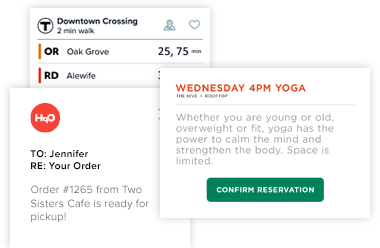 Examples of in-app services: transportation tracking, food ordering notifications, and yoga class booking