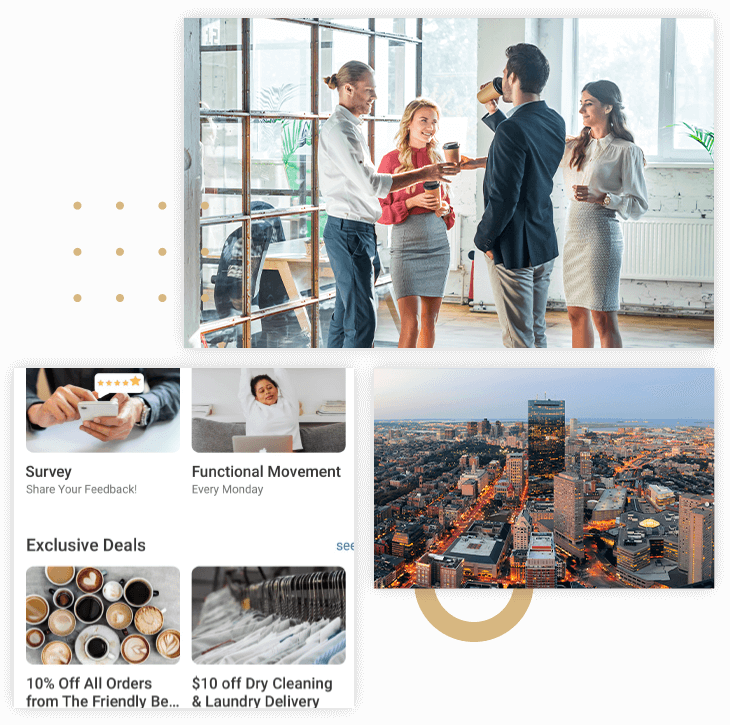 Collage of employees drinking coffee, overhead view of a city, and exclusive in-office deals in the app