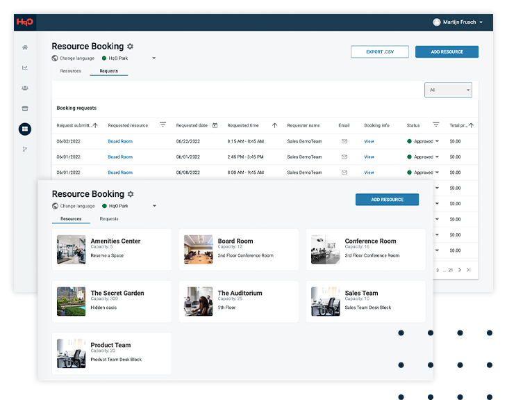Backend resource booking options in the HqO Workplace Experience Platform