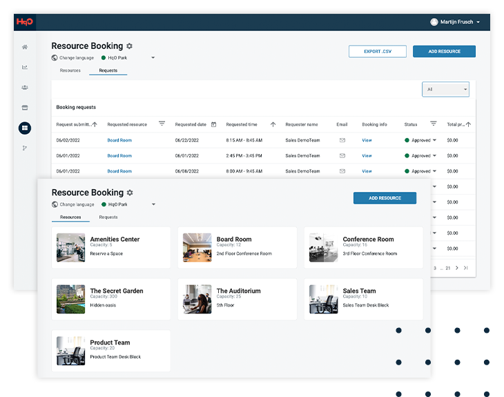 Backend resource booking options in the HqO Workplace Experience Platform