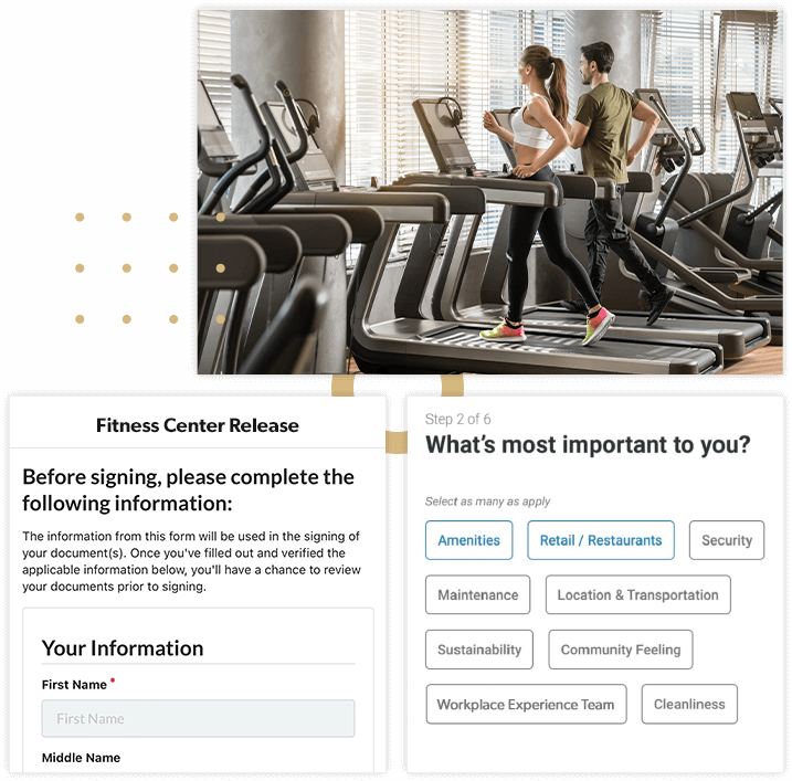 Collage of woman running on treadmill, fitness center form, and amenity satisfaction survey