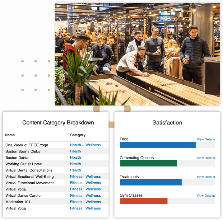 Employees play shuffleboard, modules of wellness-related analytics