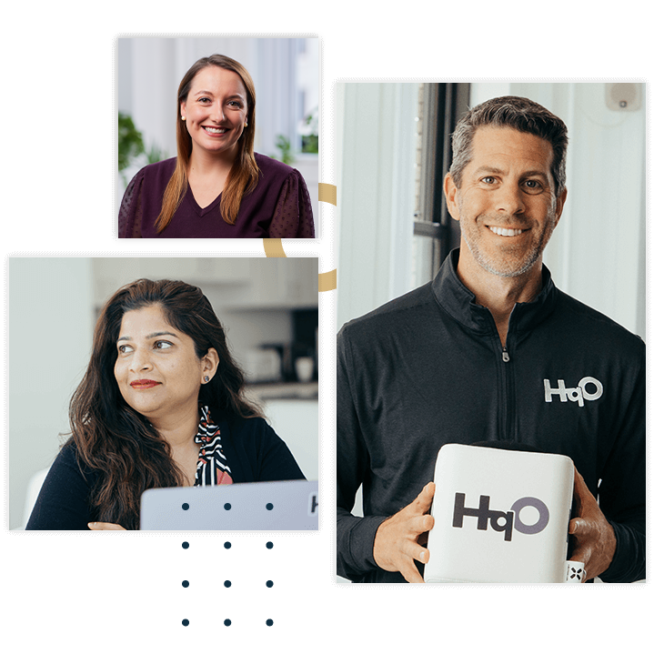 Three headshots of HqO employees in the office