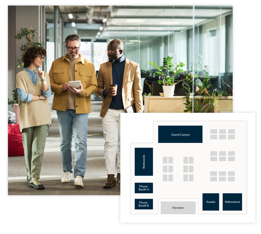 Collage of employees walking through office with floor plan