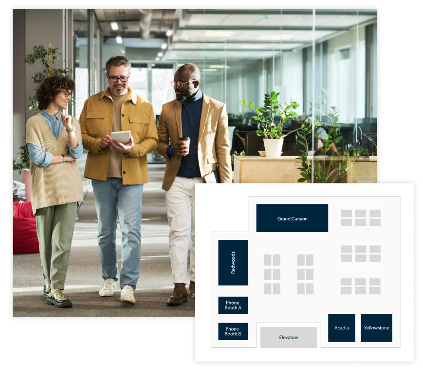 Collage of employees walking through office with floor plan