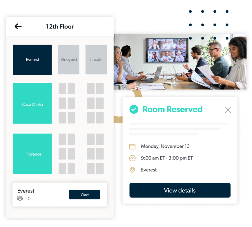 Collage of people in a meeting room and room booking software