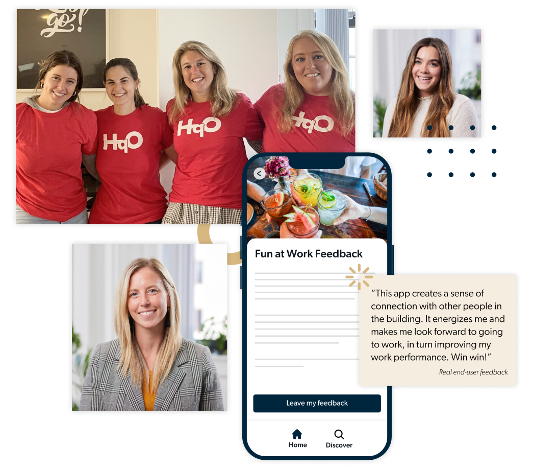 dedicated-customer-success-team Collage of HqO Customer success members and in-app feedback