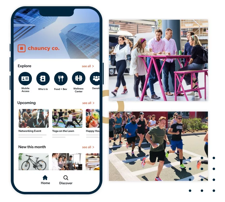 Collage of the HqO Workplace Experience App, Employees running a race, and employees talking during lunch
