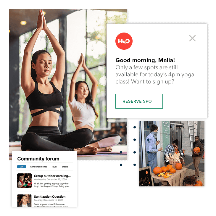 People do yoga, employee forum chat, in-app message about yoga class, employees carrying pumpkins