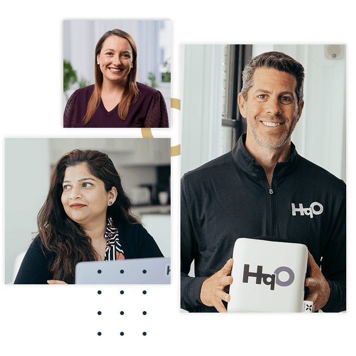 Three headshots of HqO employees in the office