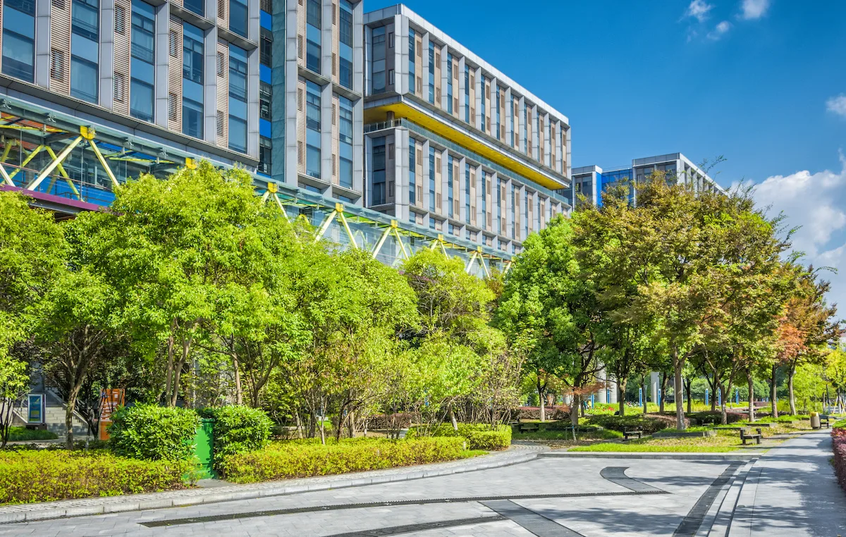 Green park next to business center buildings detail. Healthy greenery with modern glass high rising skyscrapers and blue sky background. Abstract urban development and architecture wallpaper.