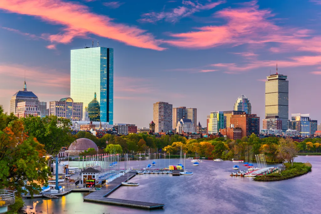 Boston, Massachusetts, USA downtown skyline on the Charles River in the morning.