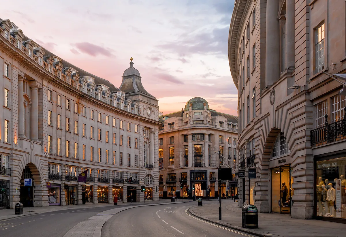 LONDON, UK - 30 MARCH 2020: Empty streets in Regents Street, London City Centre during COVID-19, lockdown during coronavirus