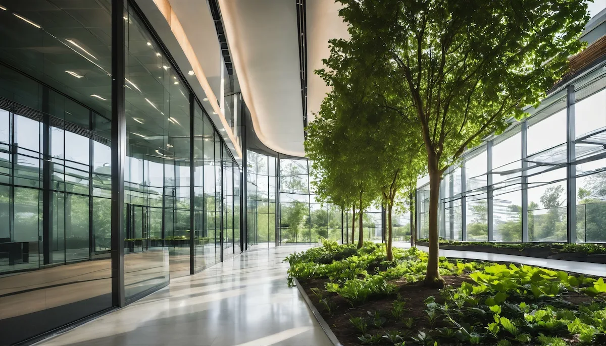 Eco-friendly glass office featuring sustainable building with green environment and trees