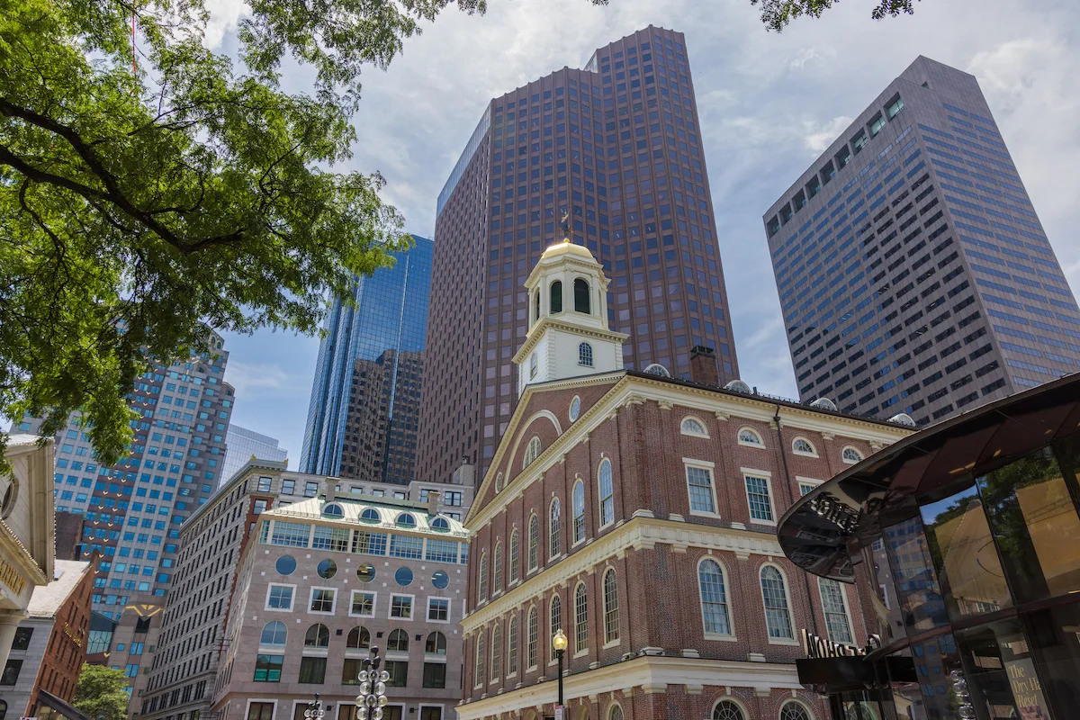 Exterior of the Faneuil Hall Marketplace with highrise buildings in the background, Boston, USA