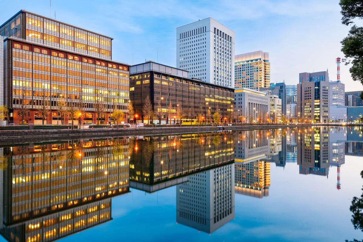 Tokyo, Japan in the Marunouchi Business District in at dusk.