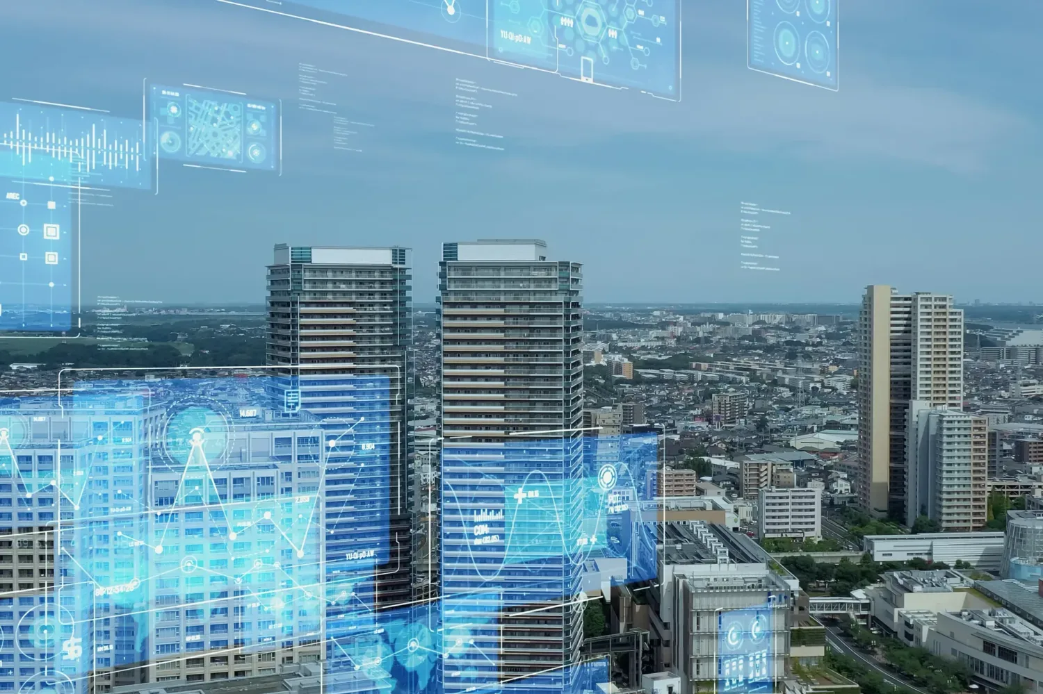 Modern city aerial view and information technology concept. Digital transformation. Communication network.